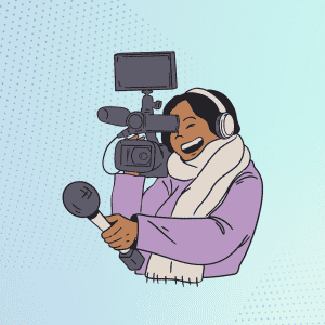 Cartoon female reporter with camera and microphone