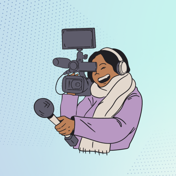 From Passport to Reporter Cartoon female reporter with camera and microphone