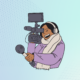 Cartoon female reporter with camera and microphone
