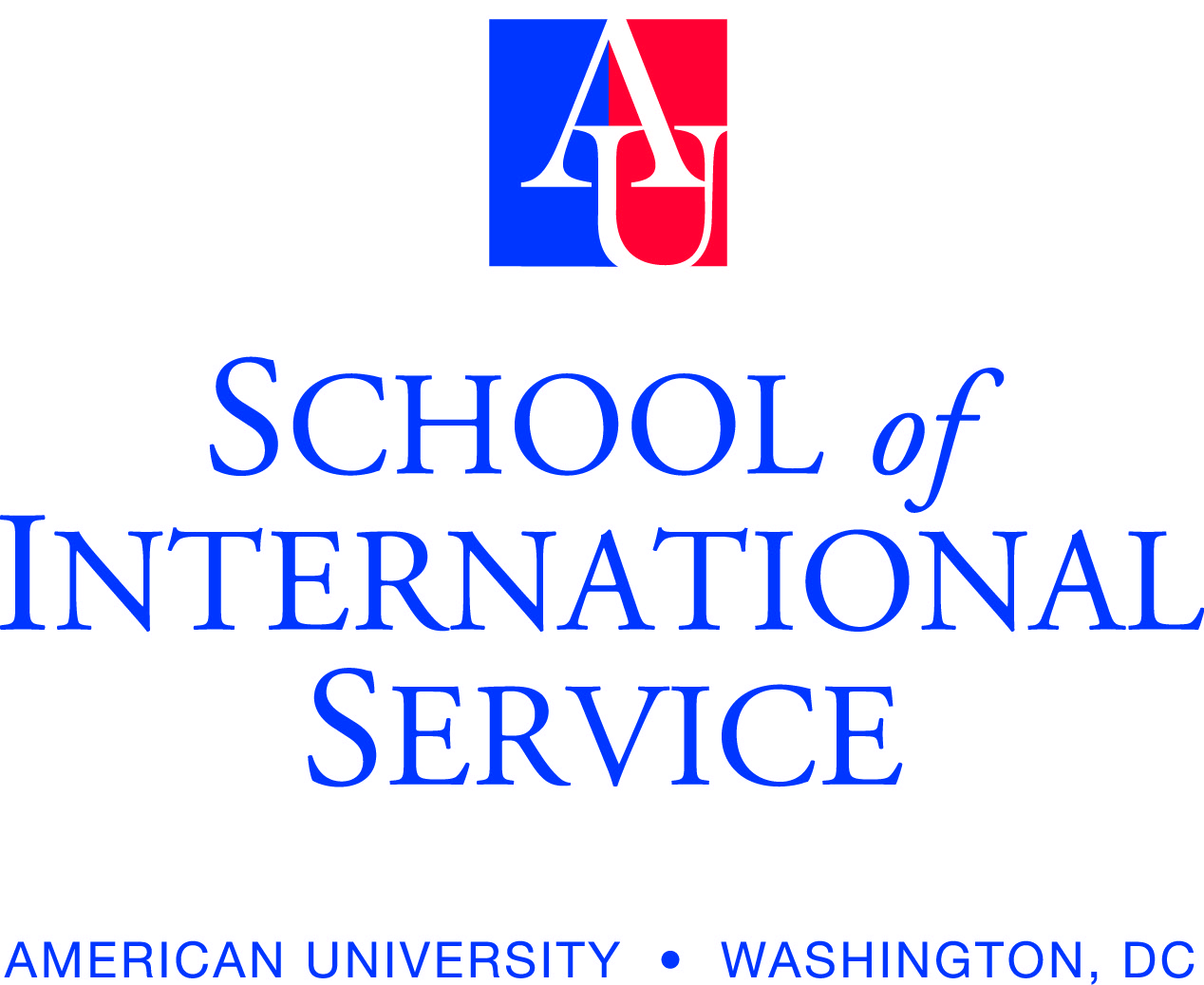 American University School of International Service logo featuring the red and blue AU monogram above blue text reading “School of International Service” and “American University • Washington, DC.”